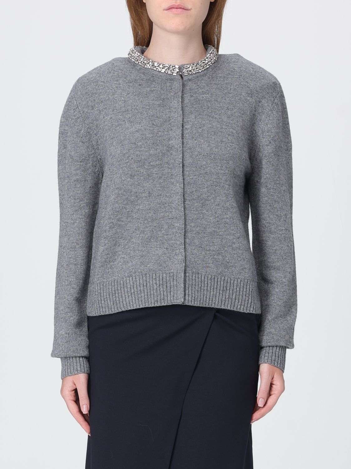 PINKO Crewneck Wool-Blend Cardigan with Crystal Applications