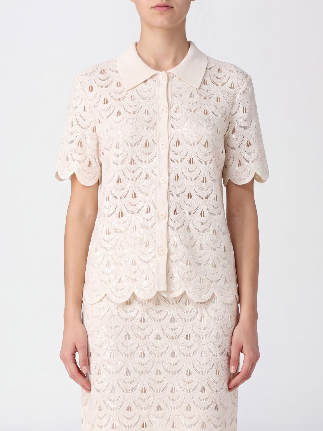 MC2 SAINT BARTH Monet Cotton Crochet Knit Polo with Short Sleeves and Wavy Hem