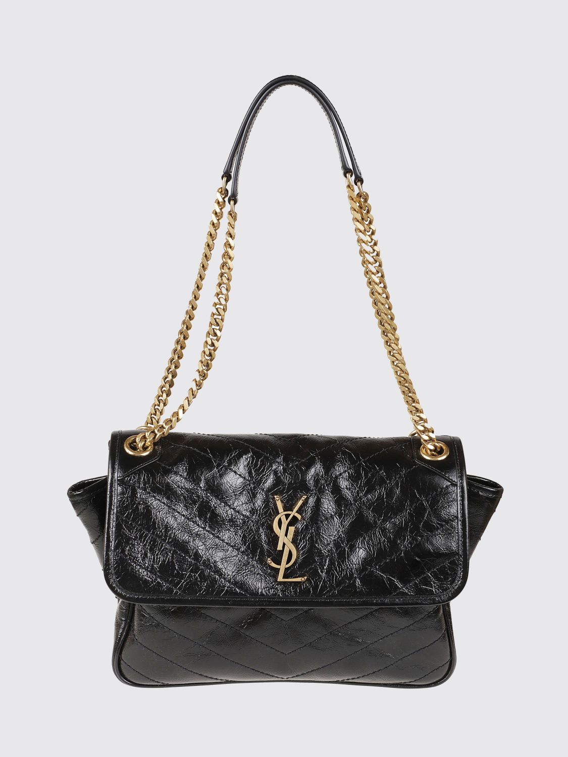 SAINT LAURENT Quilted Crinkled Leather Shoulder Bag with YSL Monogram
