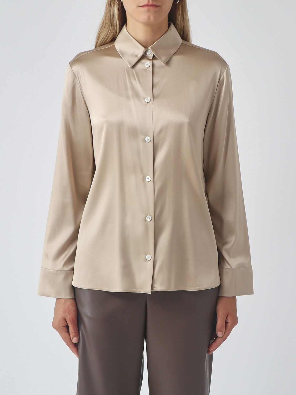 MM Max Mara Long-Sleeved Stretch-Silk Satin Shirt with Classic Collar