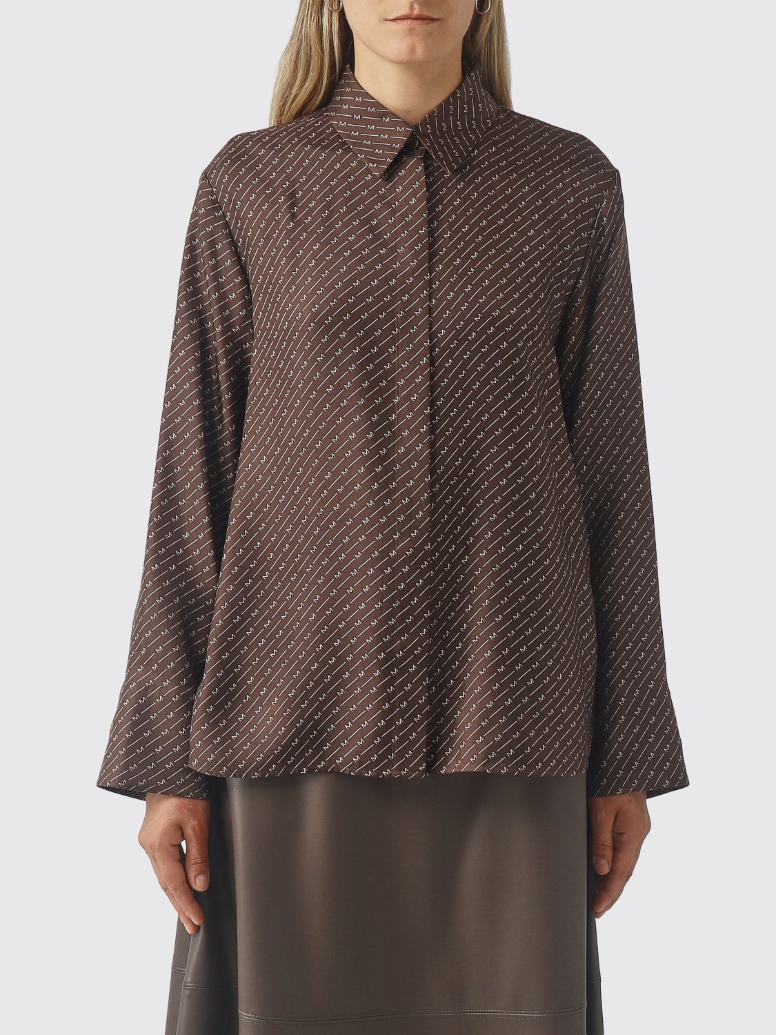Mm Max Mara Dark Brown Pure Silk Shirt with All-Over Monogram Print