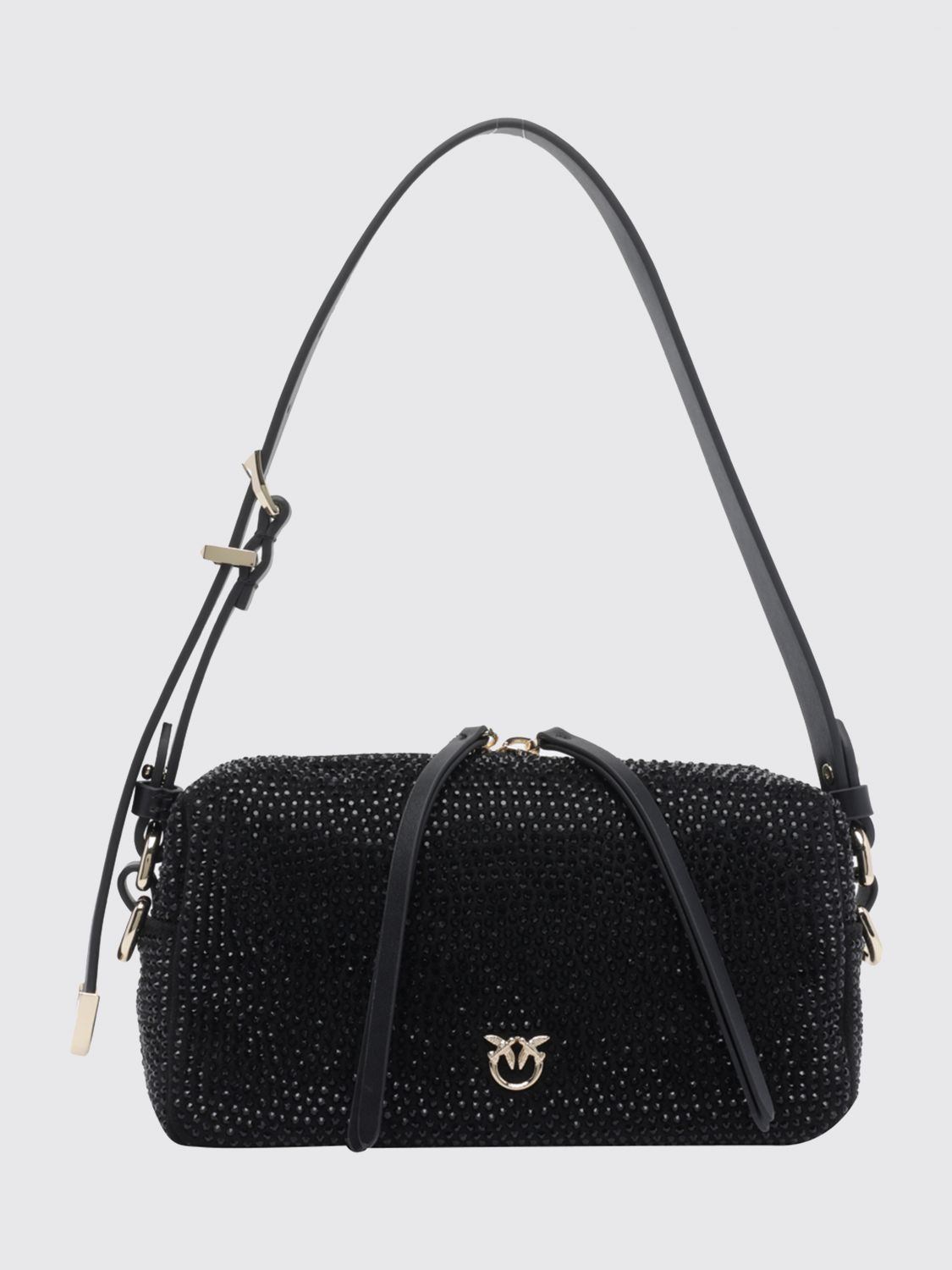 PINKO Calfskin Leather Shoulder Bag with Rhinestones and Love Birds Metal Logo