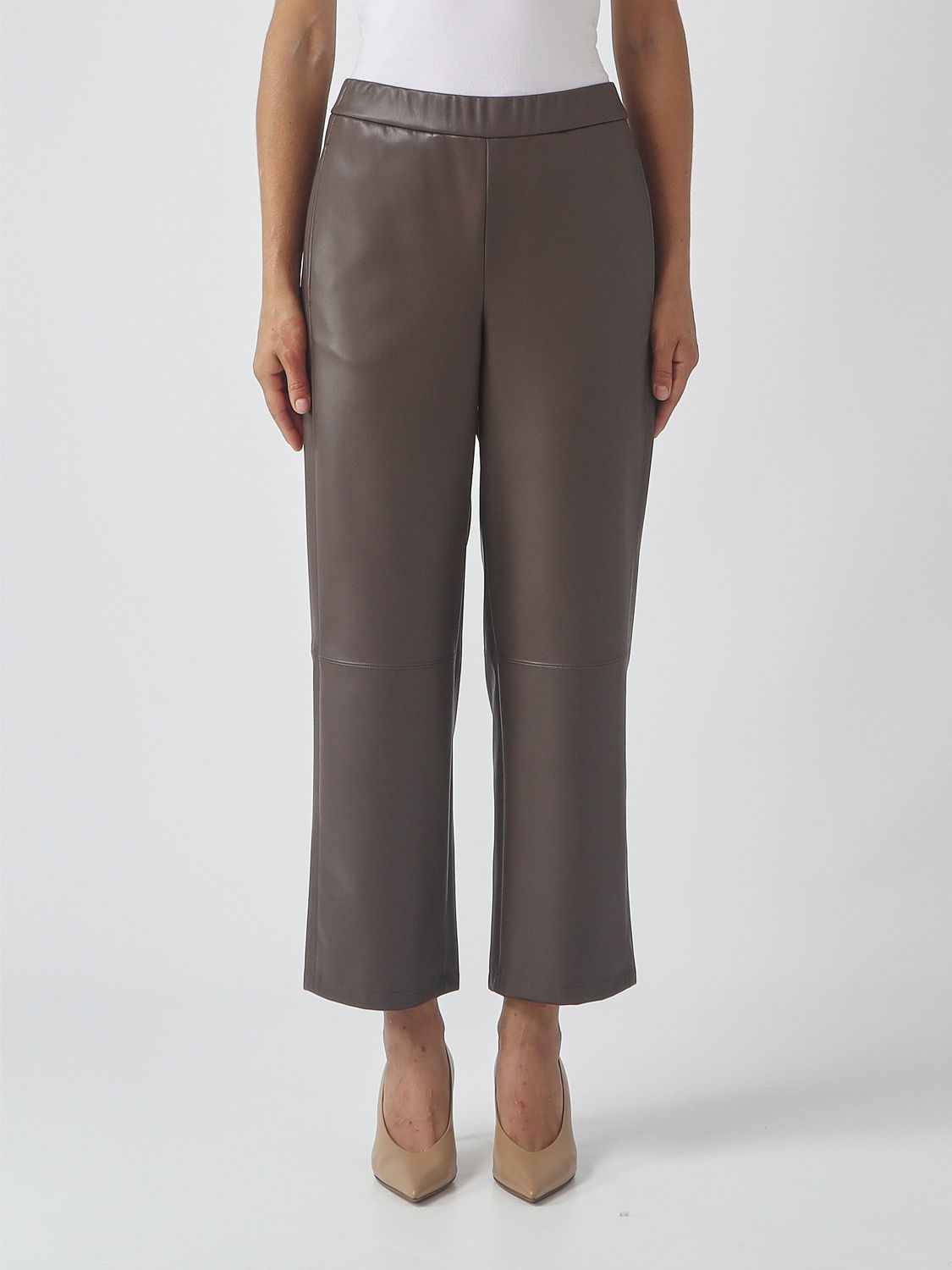 Mm Max Mara Cropped Straight-Leg Trousers in Faux Leather with Elastic Waist