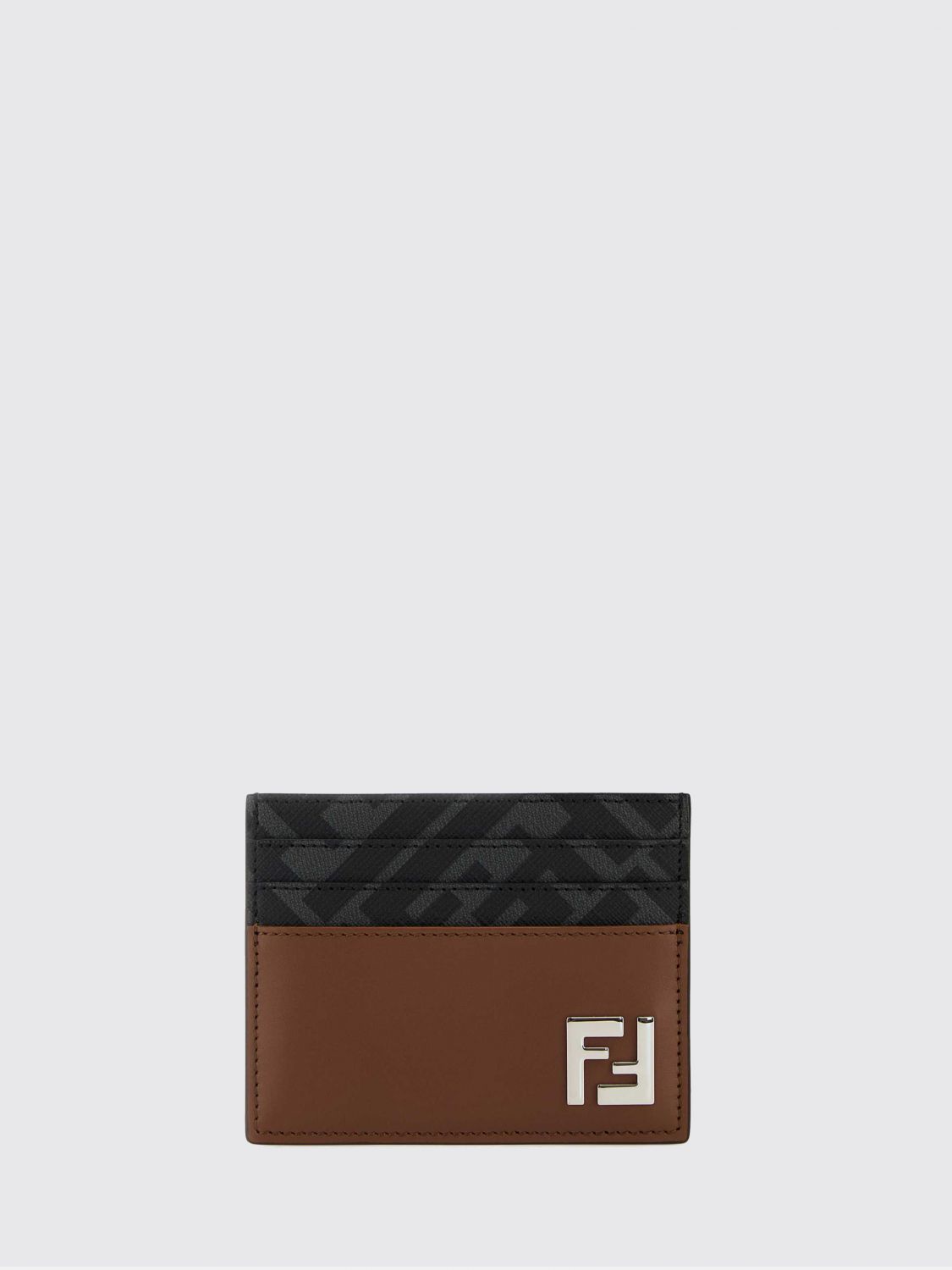 FENDI Flaches Kartenetui aus Leder und Stoff mit FF-Monogramm-Muster