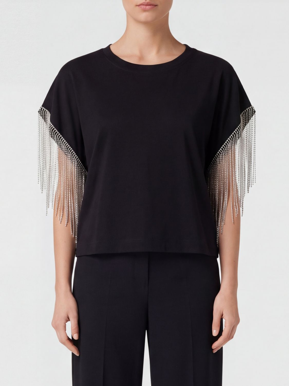 SPORTMAX Short-Sleeved Cotton Evening Top with Jewel Fringes and Crew Neck SPORTMAX Short-Sleeved Cotton Evening Top with Jewel Fringes and Crew Neck