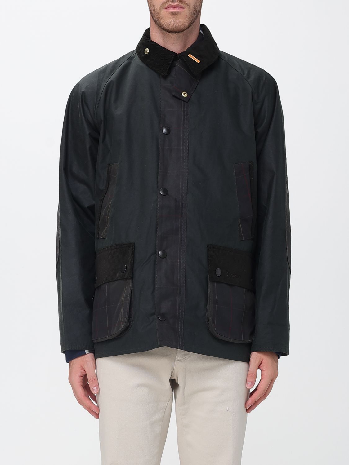 Barbour Bedale Waxed Cotton Jacket with Corduroy Collar and Patch Pockets