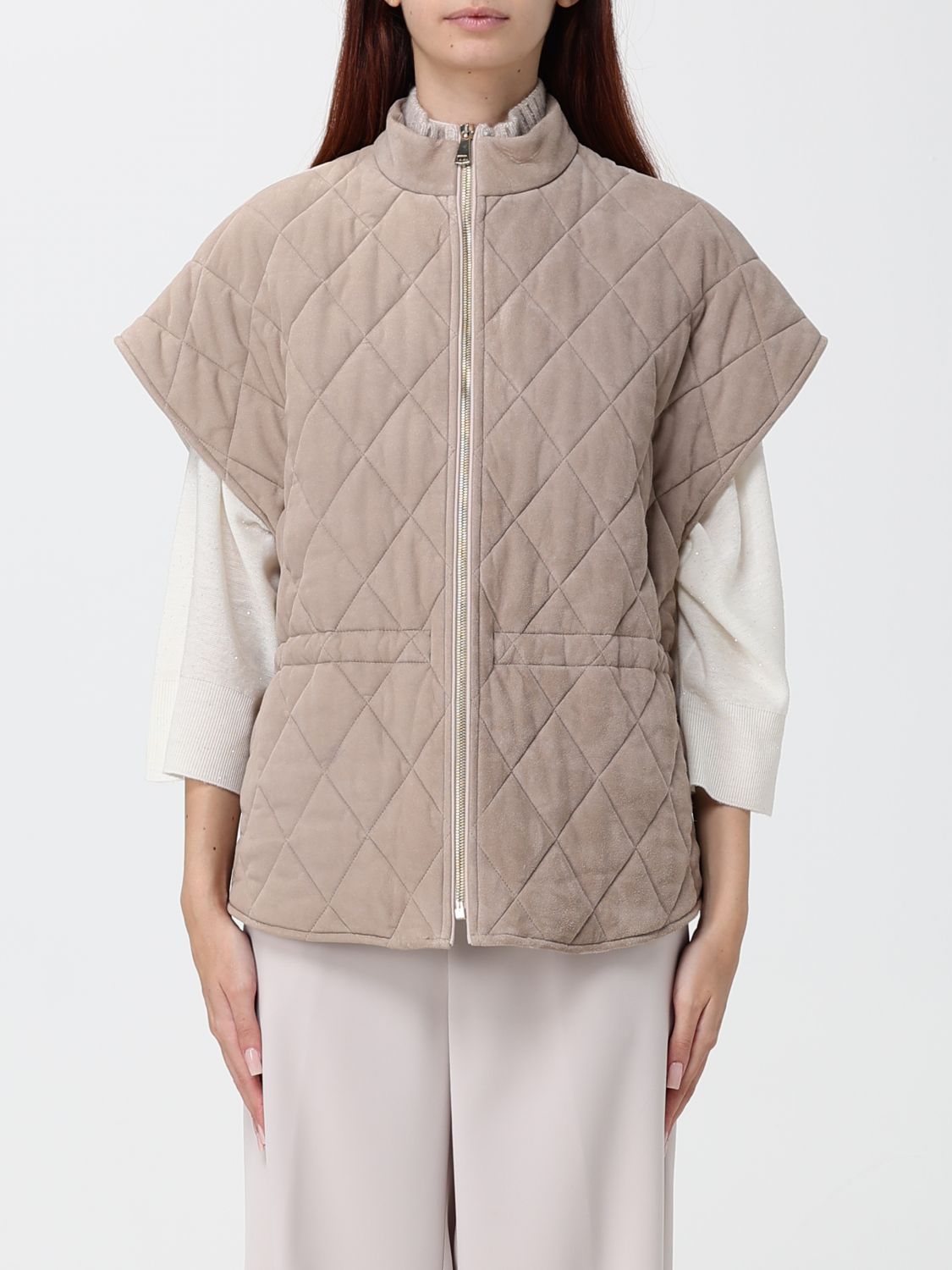 FABIANA FILIPPI Quilted Suede Gilet with High Neck and Drawstring