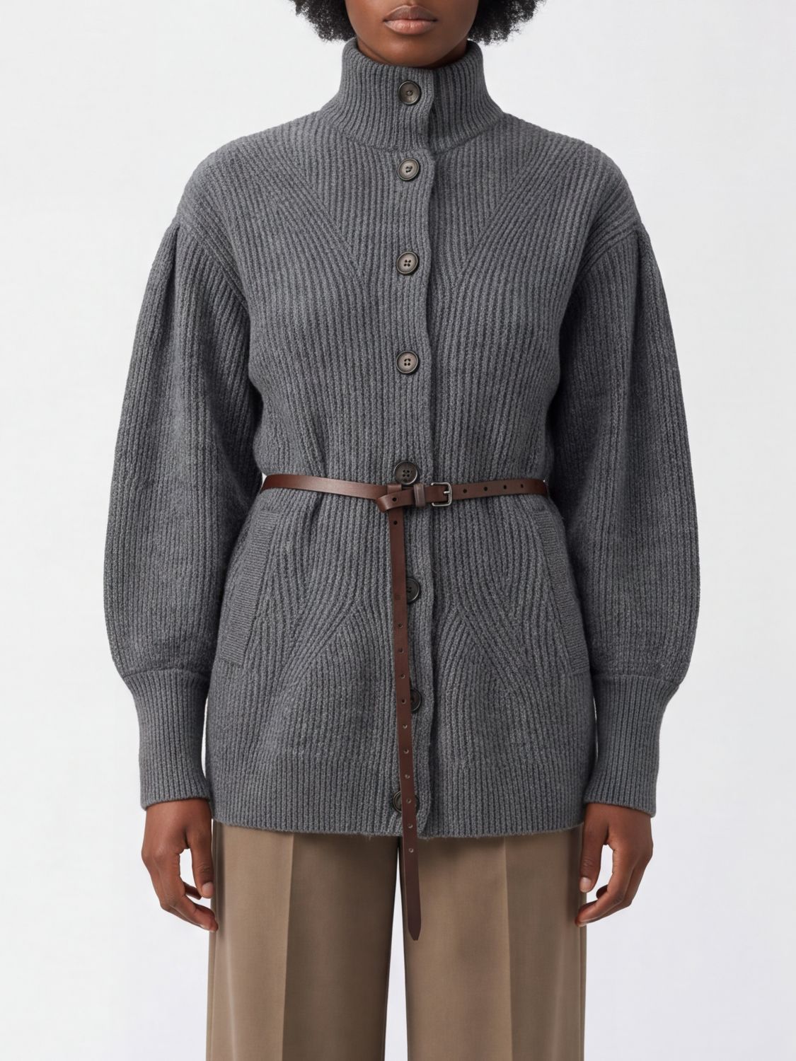 BRUNELLO CUCINELLI Turtleneck Cardigan in Wool, Cashmere and Silk with Belt