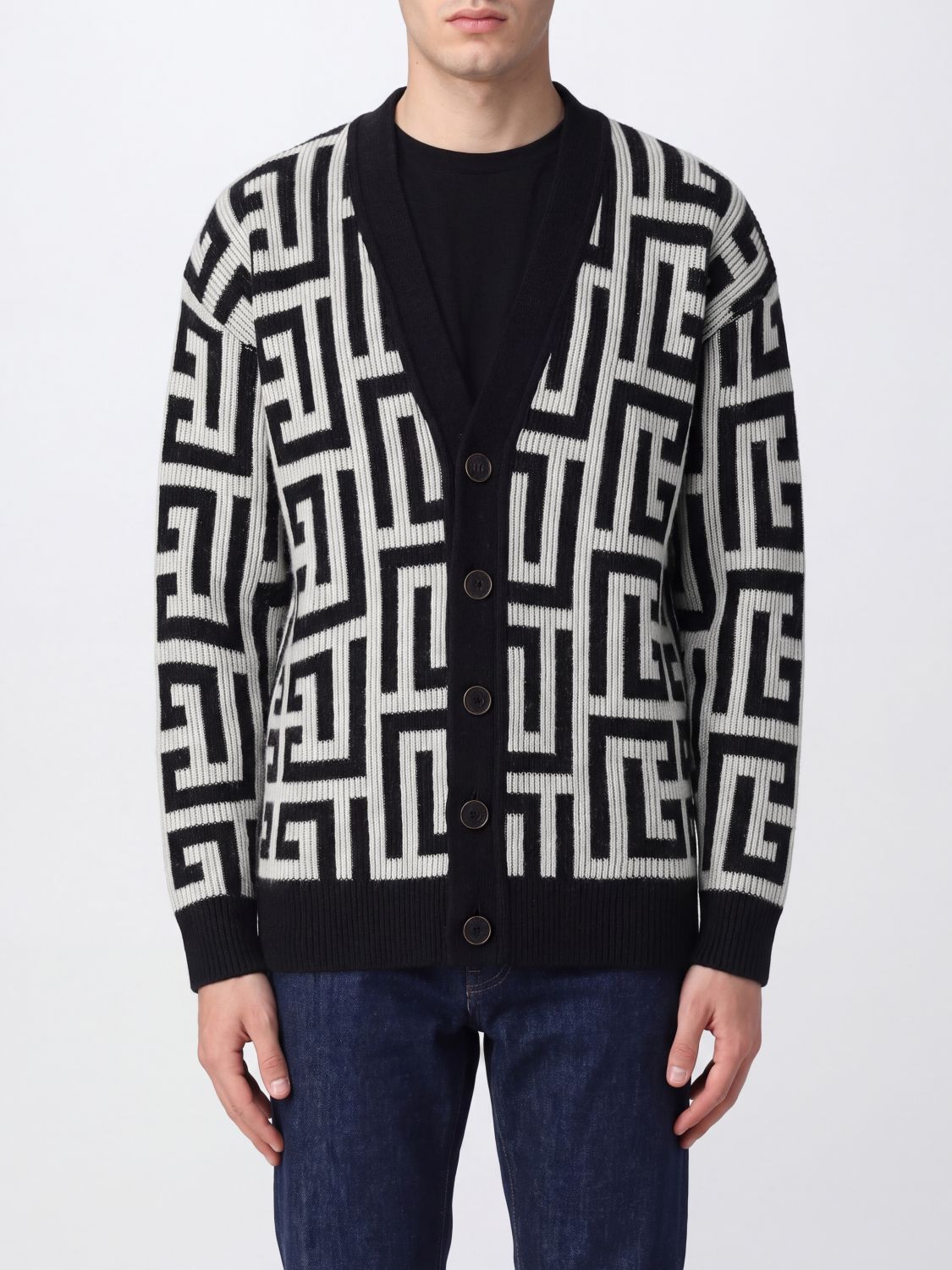Balmain Relaxed Fit Monogram Merino Wool and Cashmere Blend Cardigan