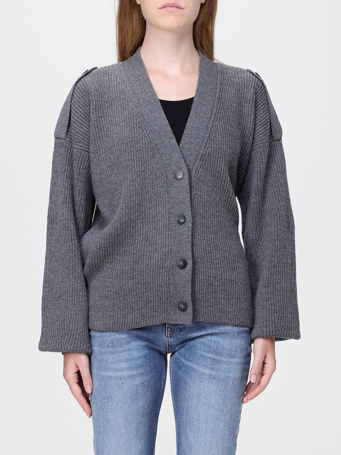 DONDUP V-Neck Pure Wool Cardigan with Button Closure and Epaulettes
