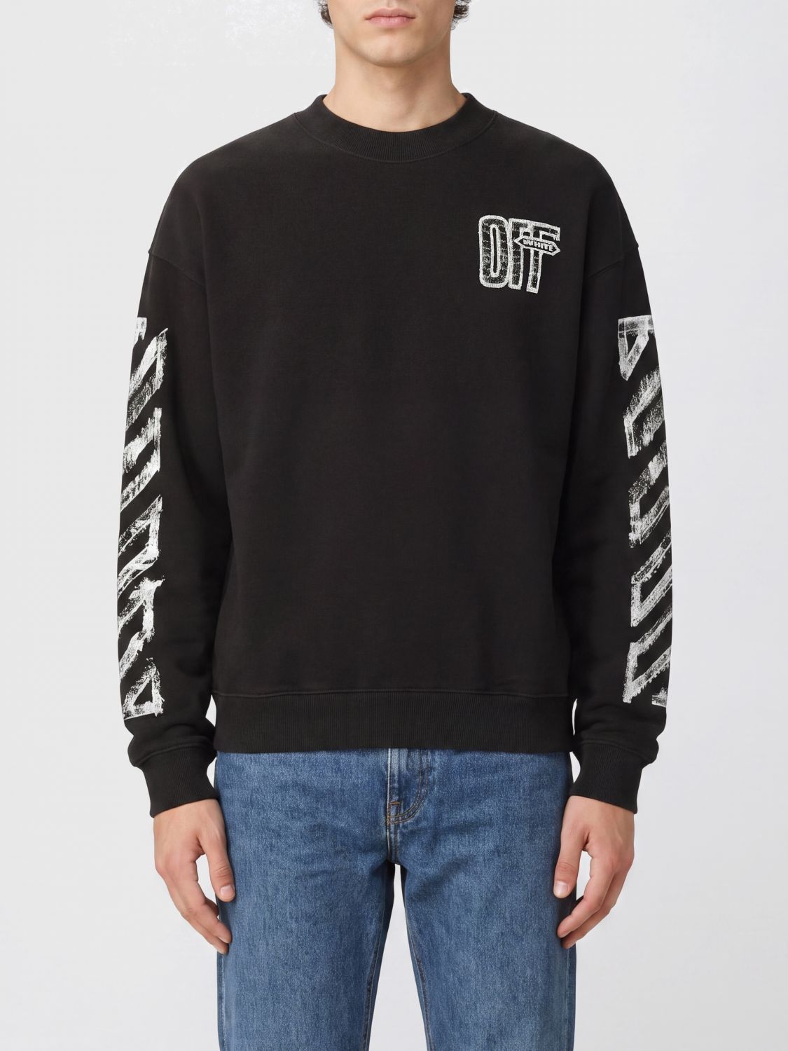 Off-White Diagonals Print Cotton Crewneck Sweatshirt with Back Arrow Logo · XL
