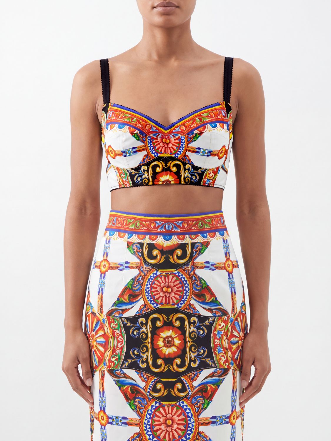 DOLCE & GABBANA Cropped Cotton-Blend Bustier with Carretto Siciliano Print DOLCE & GABBANA Cropped Cotton-Blend Bustier with Carretto Siciliano Print