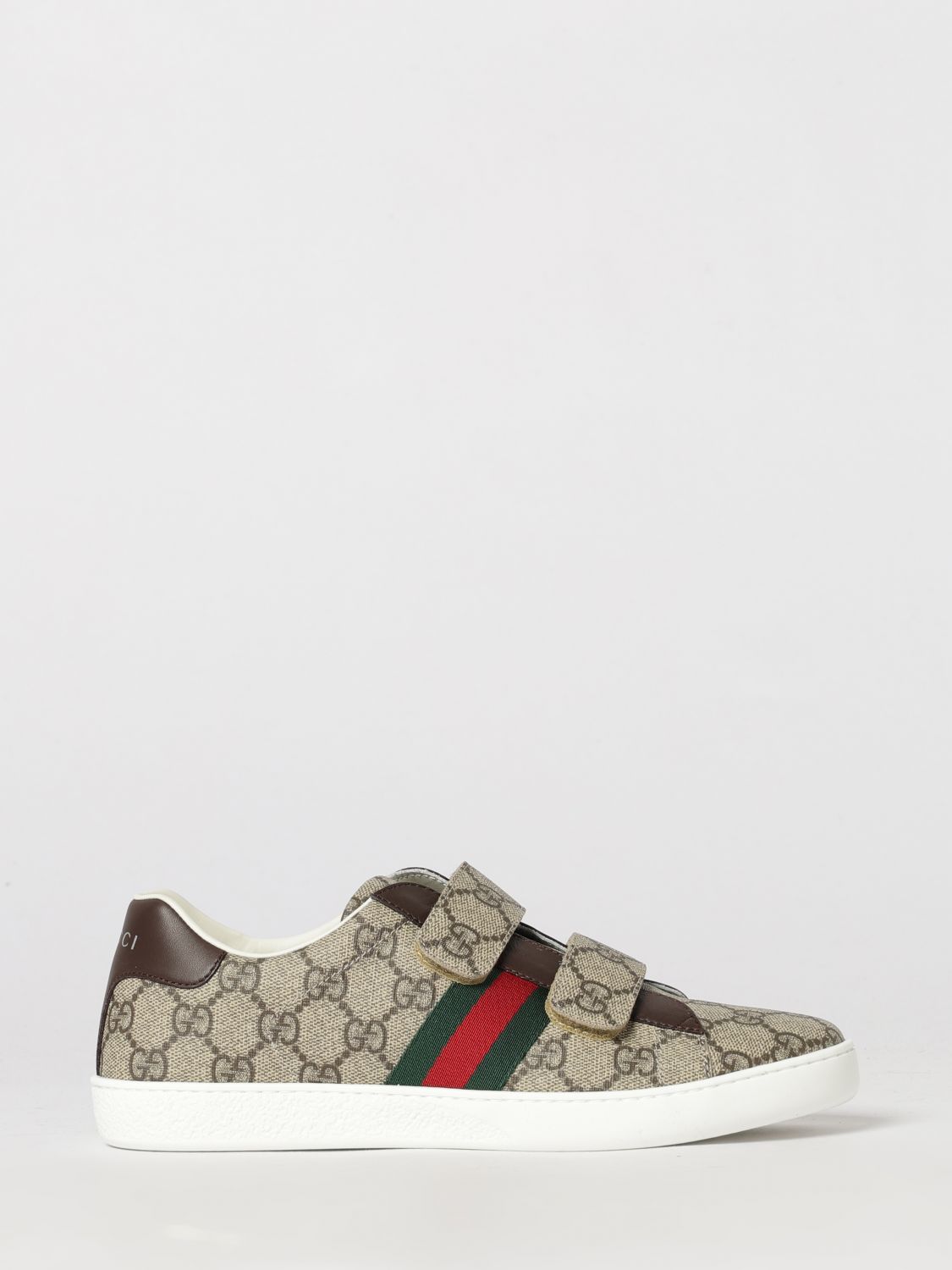 Gucci Kids'  Boy's Ace Gg Monogram Sneakers With Hook-and-loop Fastening In Brown