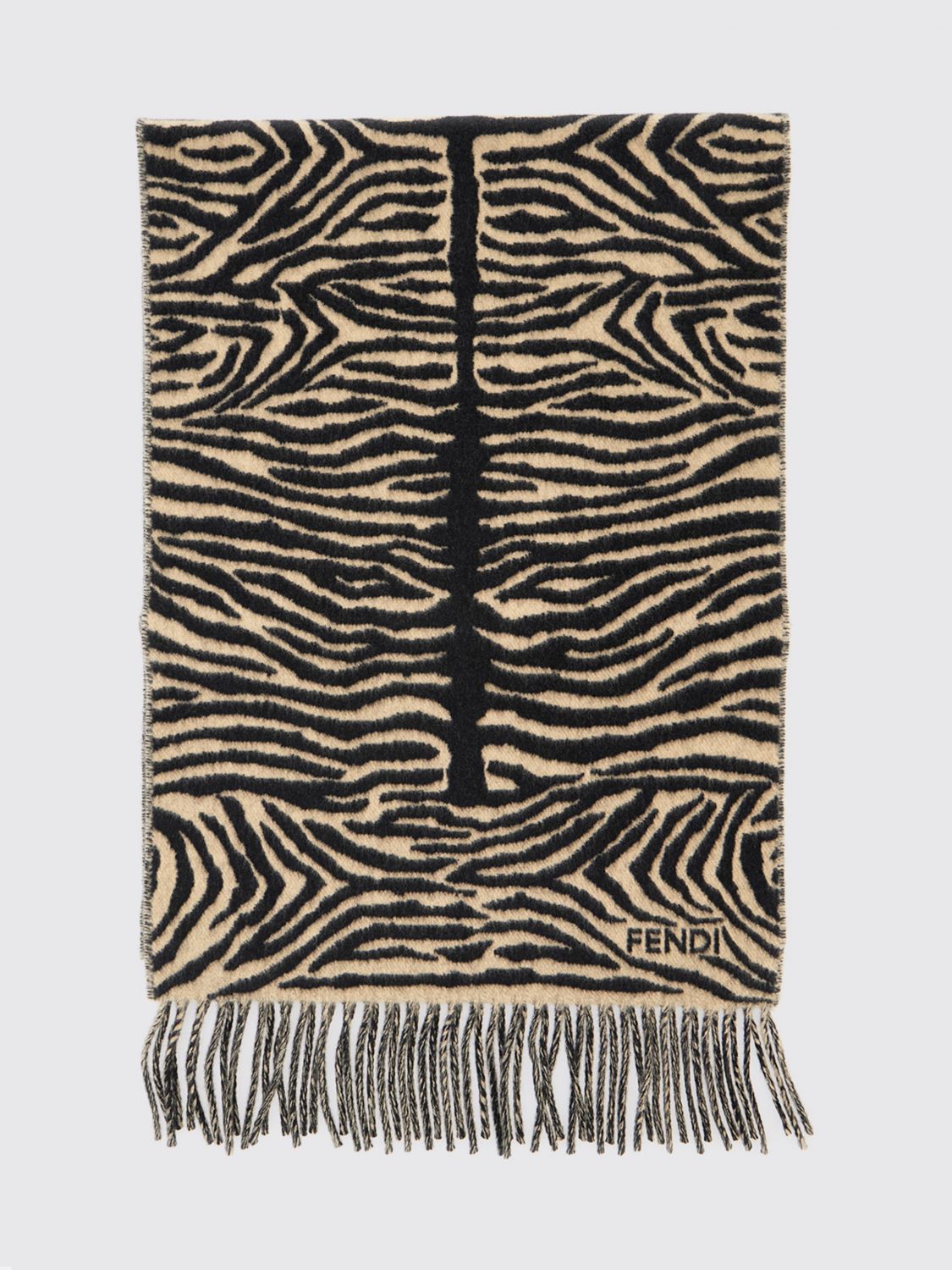 Fendi Zebra Print Pure Wool Scarf with Jacquard Logo and Fringed Hem · OS
