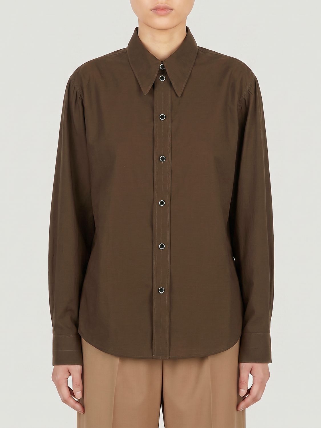 LEMAIRE Long-Sleeved Cotton and Silk Blend Shirt with Curved Hem
