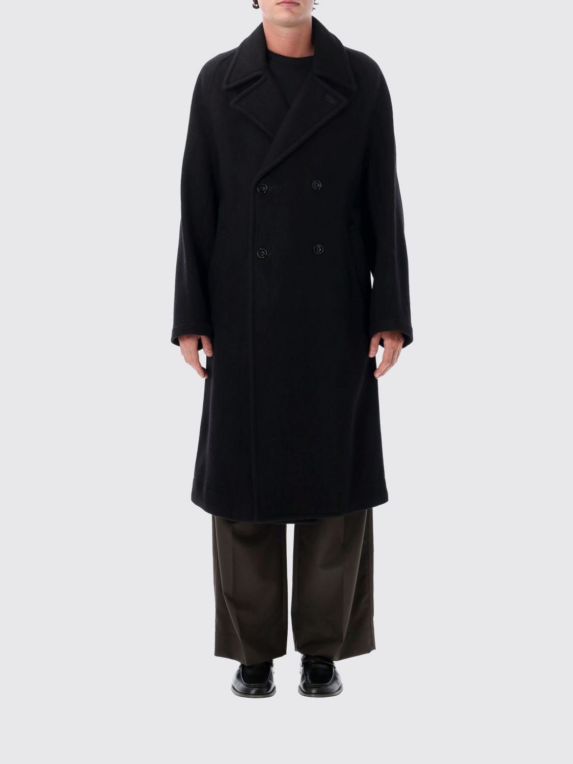 LEMAIRE Long Double-Breasted Coat in Wool and Alpaca with a Relaxed Fit