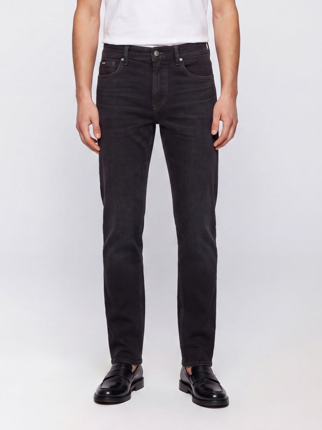 Boss Mid-Rise Slim Fit Skinny Jeans in Black Cotton Denim