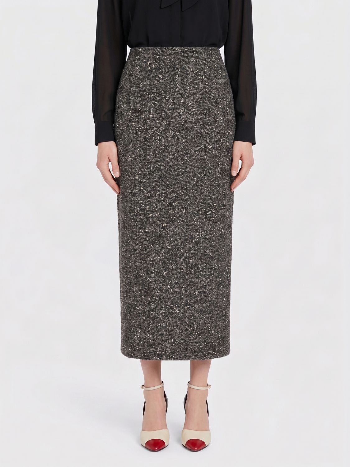Valentino Garavani Wool Blend Midi Pencil Skirt with Ruffles