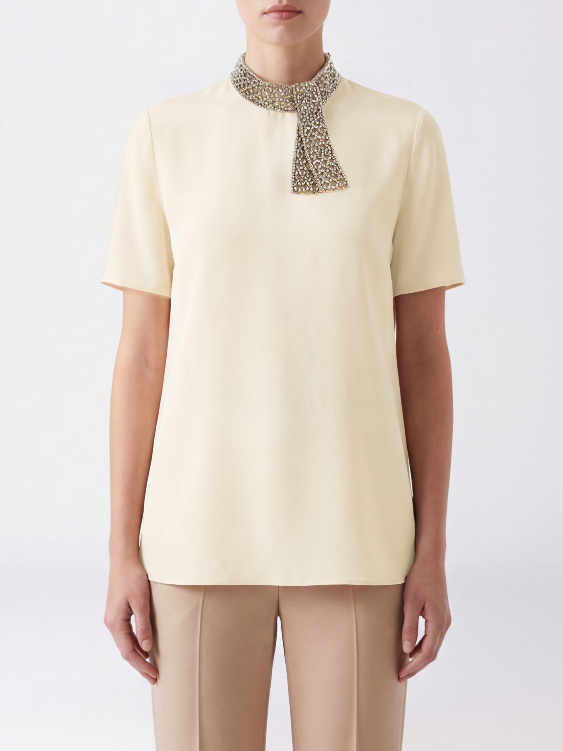 VALENTINO GARAVANI Short-Sleeved Blouse in Embroidered Silk with Jewel Neck