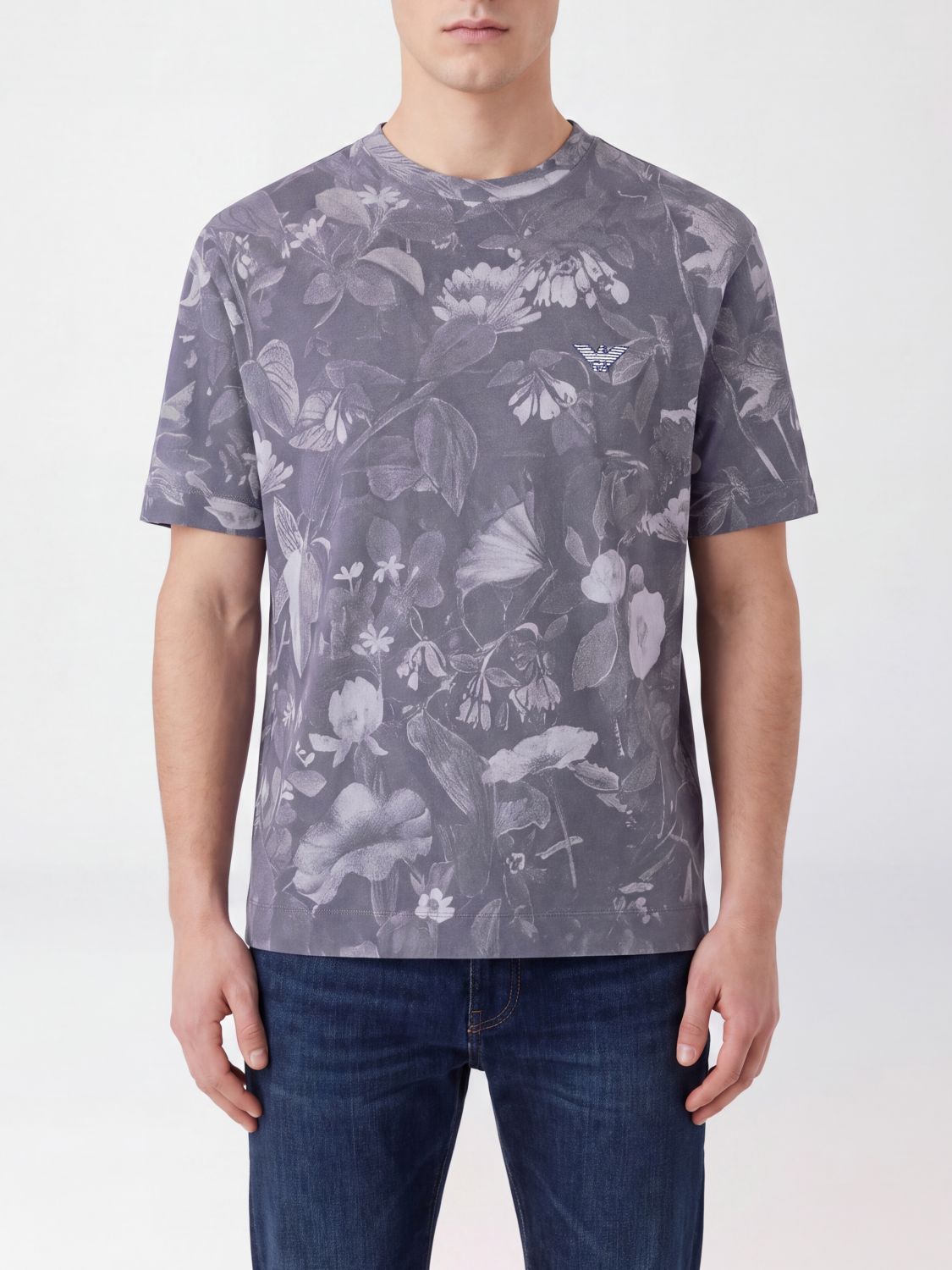 EMPORIO ARMANI Baumwoll-T-Shirt mit Rundhalsausschnitt und durchgehendem Blumenprint