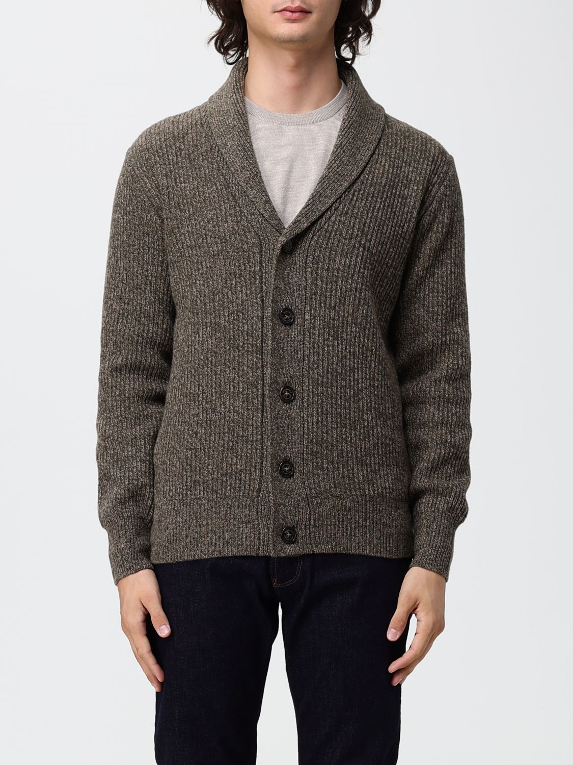 Brooksfield Shawl Collar Ribbed Wool Cardigan With Buttons In 印花/多色