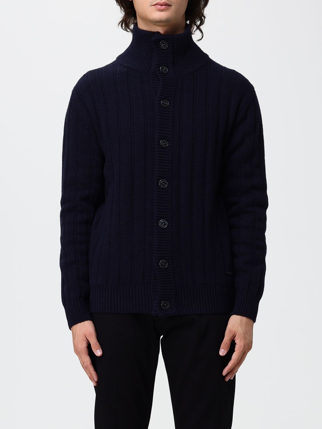 Brooksfield Button-up Ribbed Wool Cardigan In 蓝色