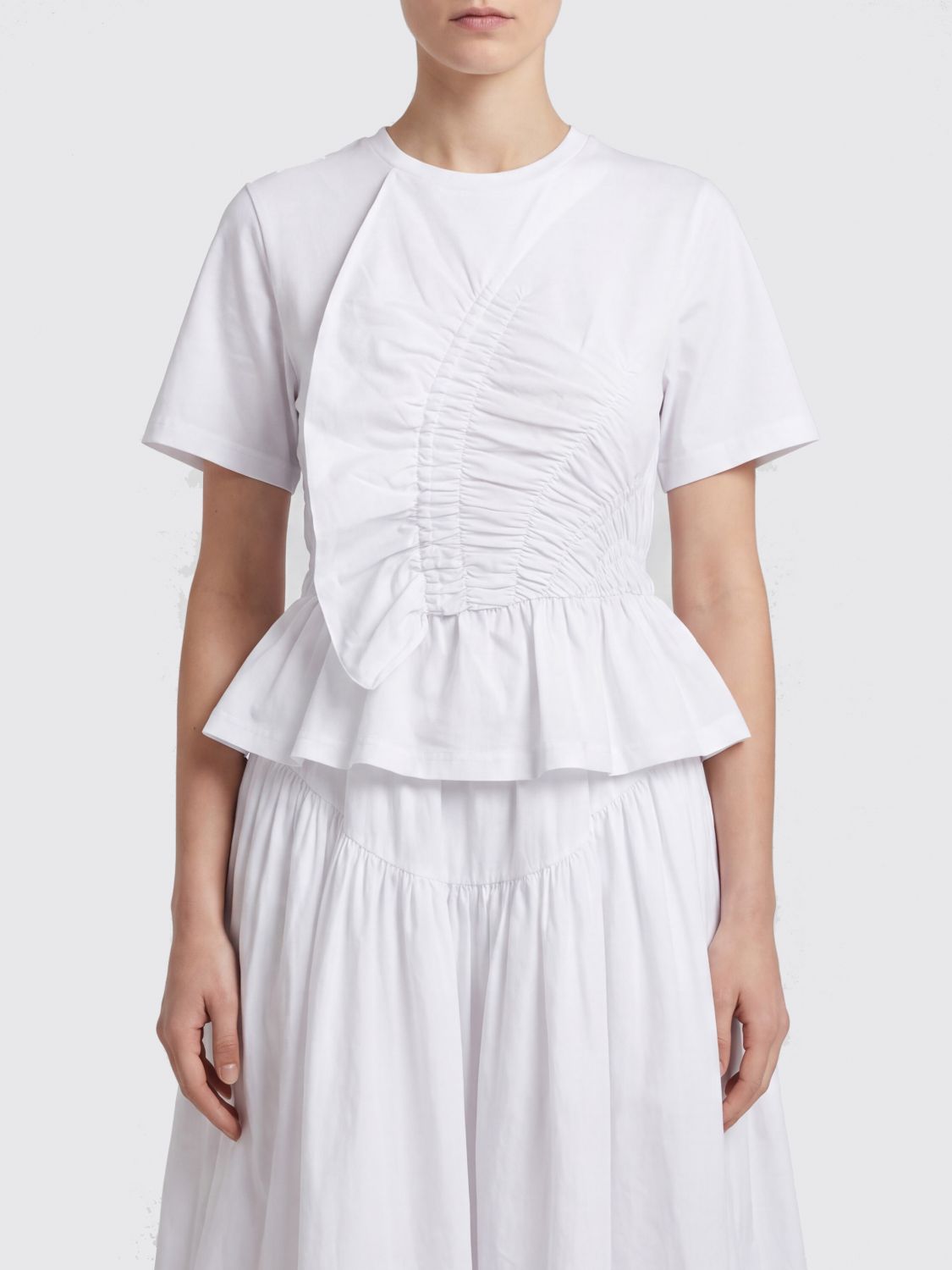 CECILIE BAHNSEN Stretch-Baumwoll-T-Shirt mit kurzen Ärmeln und Raffungen