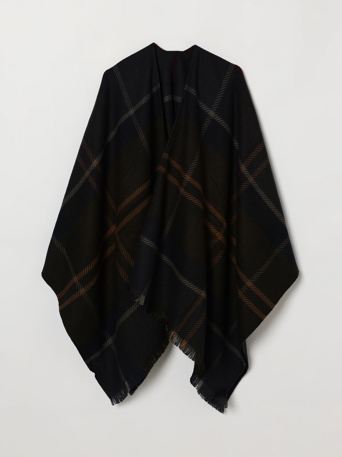 BARBOUR Check Acrylic Cape with Asymmetrical Design and Fringes BARBOUR Check Acrylic Cape with Asymmetrical Design and Fringes