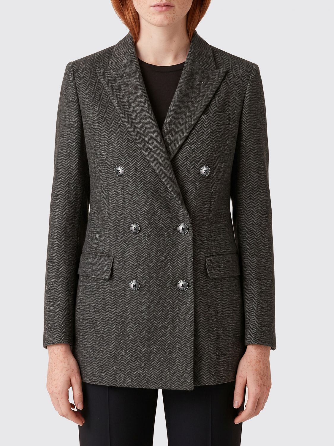 TAGLIATORE Chevron Wool Double-Breasted Blazer with Peak Lapels