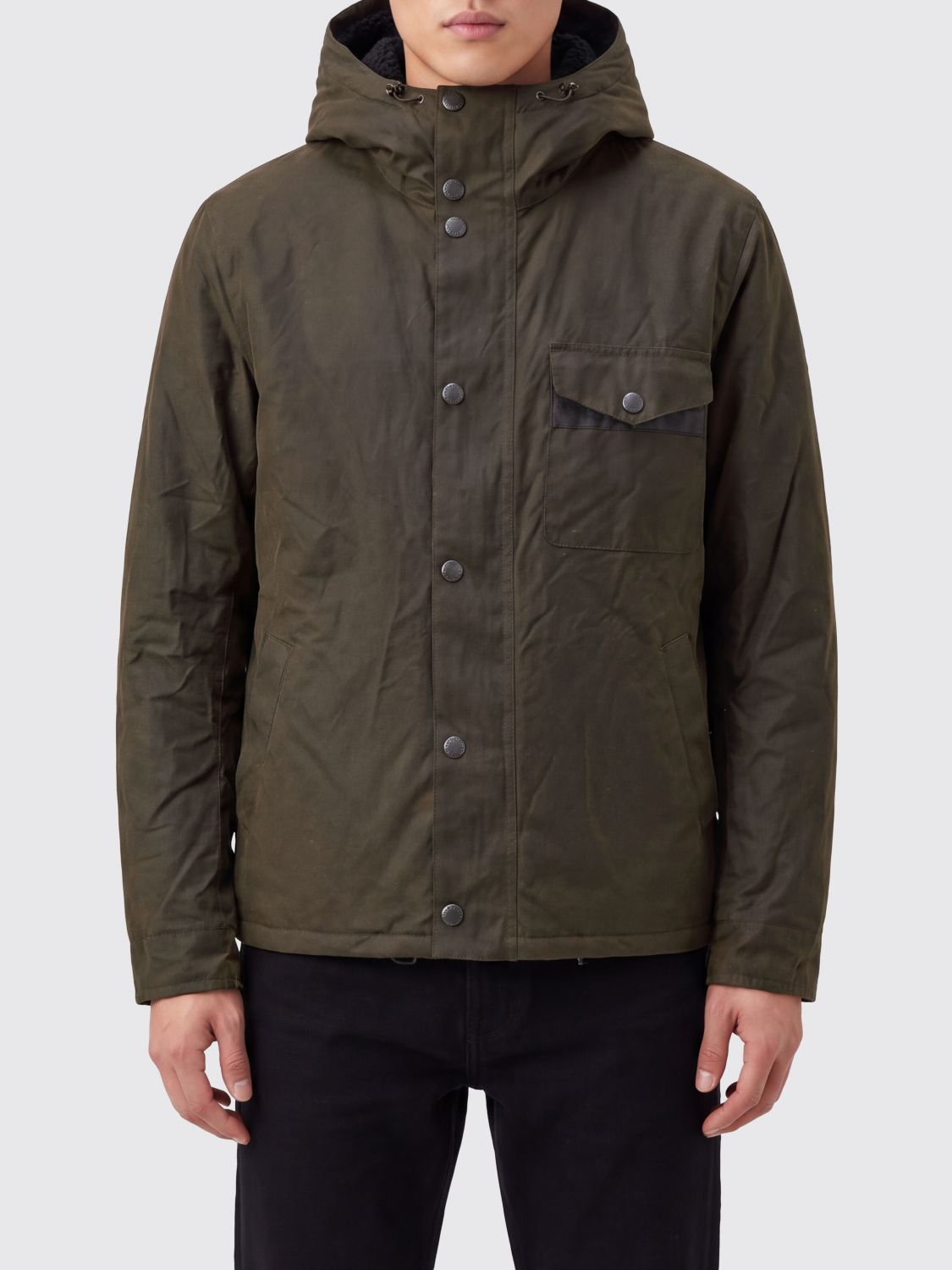 BARBOUR Hooded Waxed Cotton Jacket with Patch Pockets