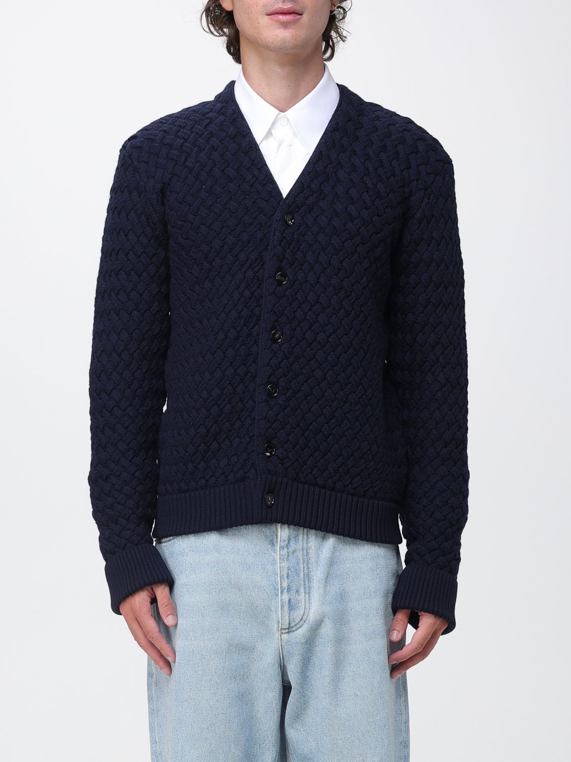 BOTTEGA VENETA Woll-Cardigan mit Intrecciato-Muster und V-Ausschnitt