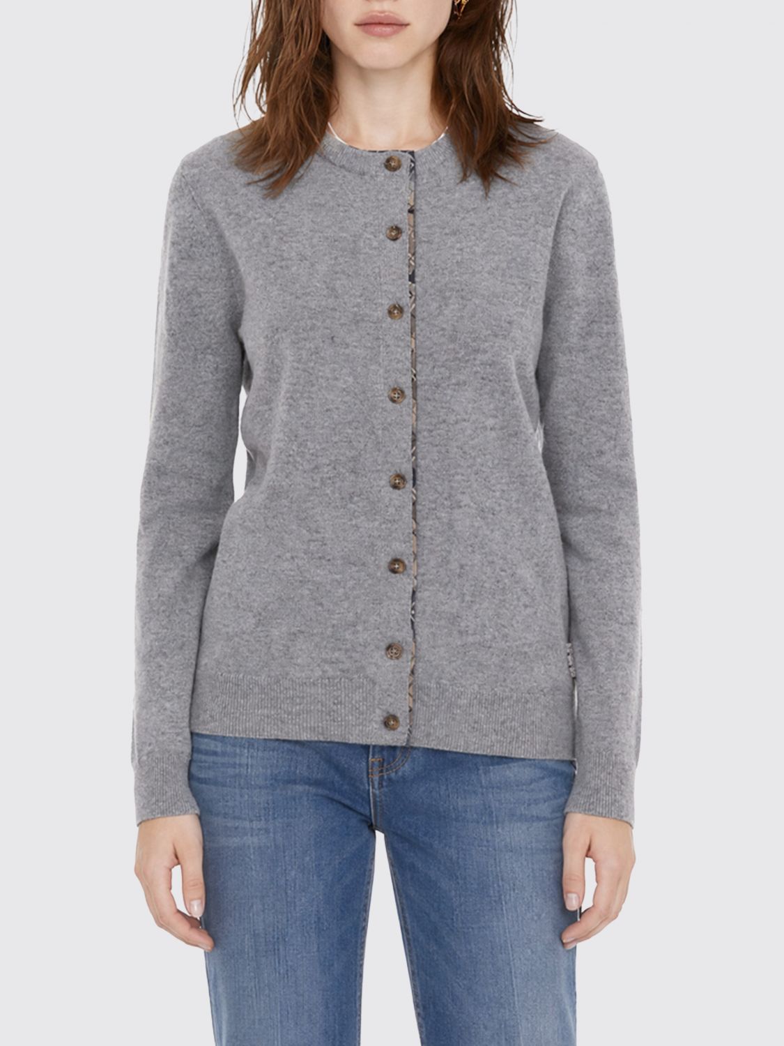 BARBOUR Wool and Cotton Blend Crewneck Cardigan with Contrast Trims