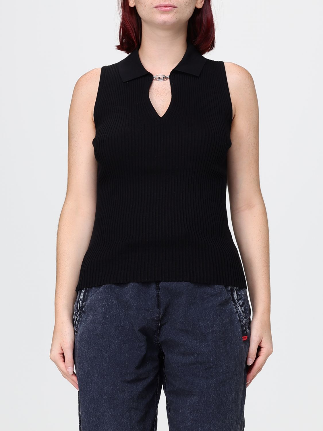DIESEL Top slim fit a coste in misto seta e cotone con spalle scoperte
