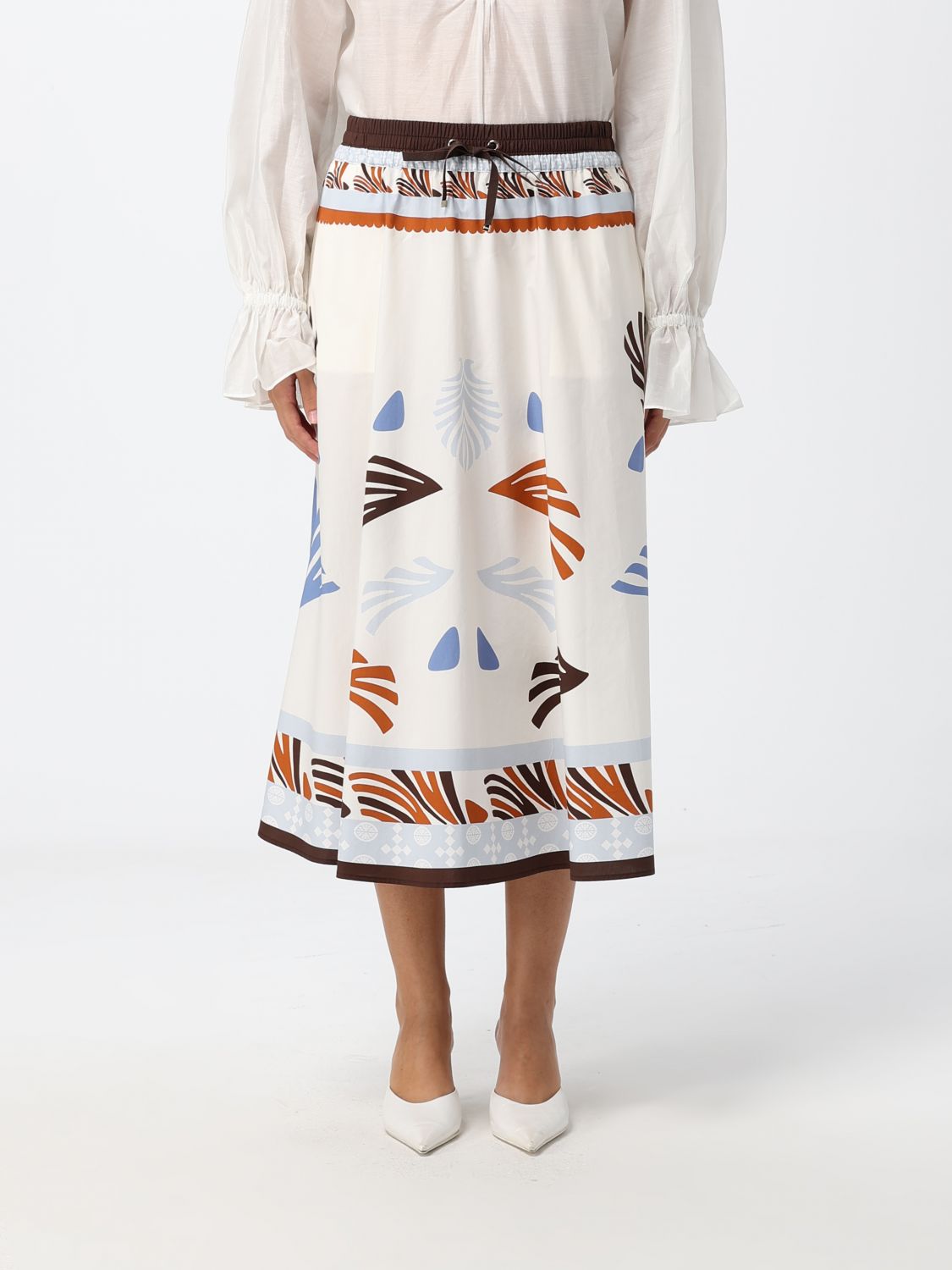 HERNO A-Line Midi Skirt in Cotton with Graphic Print and High Waist