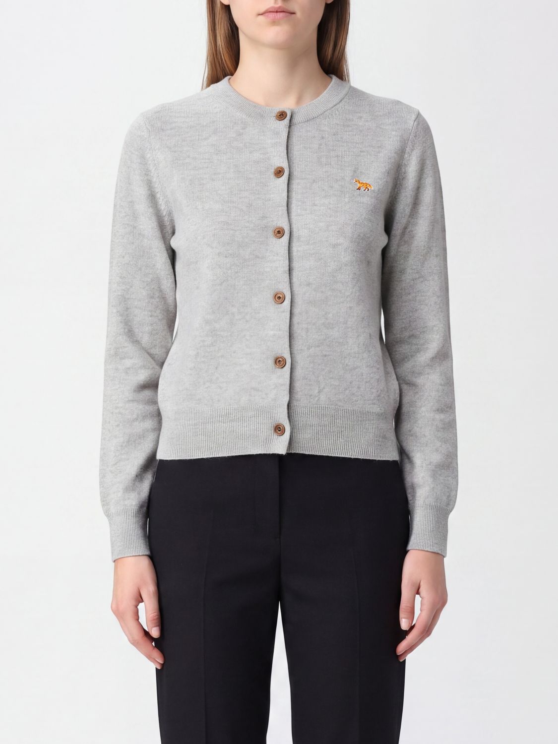 MAISON KITSUNÉ Wool Crewneck Cardigan with Embroidered Logo