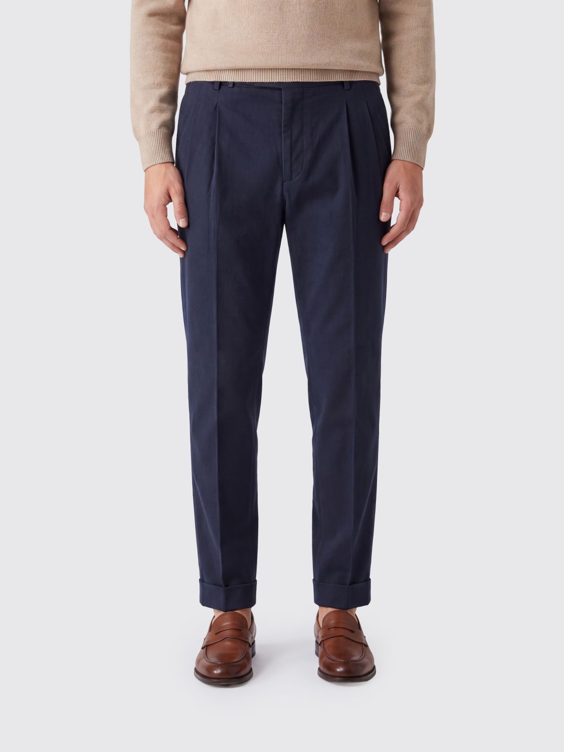 Pt Torino Slim Fit Pleated Tailored Trousers in Cotton and Virgin Wool
