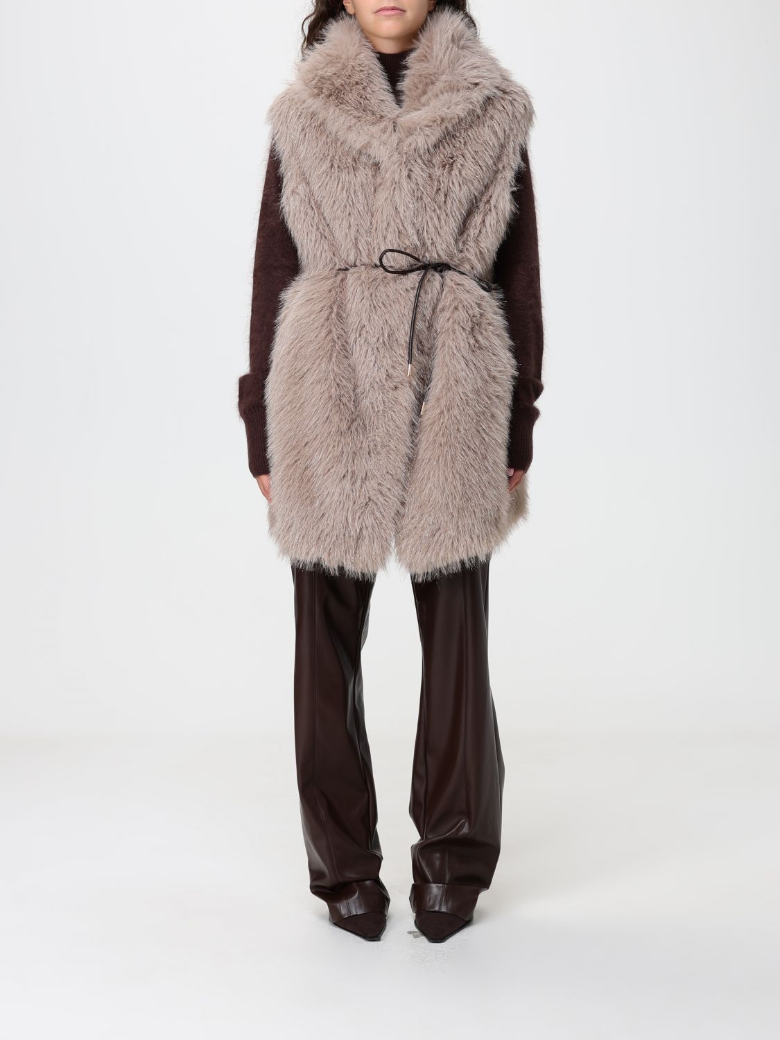 SIMONA CORSELLINI Faux Fur Gilet with Hood and Waist Belt