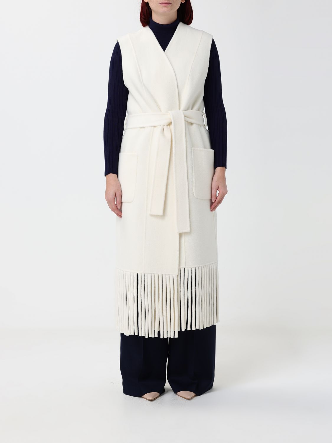 SIMONA CORSELLINI Long Fringed Wool Blend Vest with Belt
