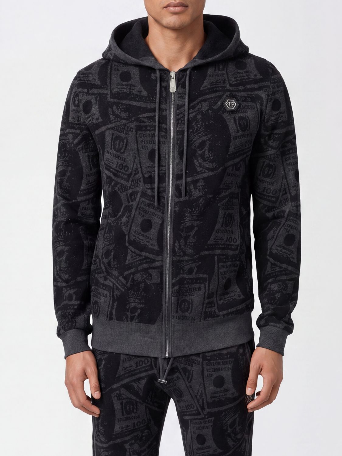 Philipp Plein Wool Knit Hoodie with Zip Closure and Hexagon Logo
