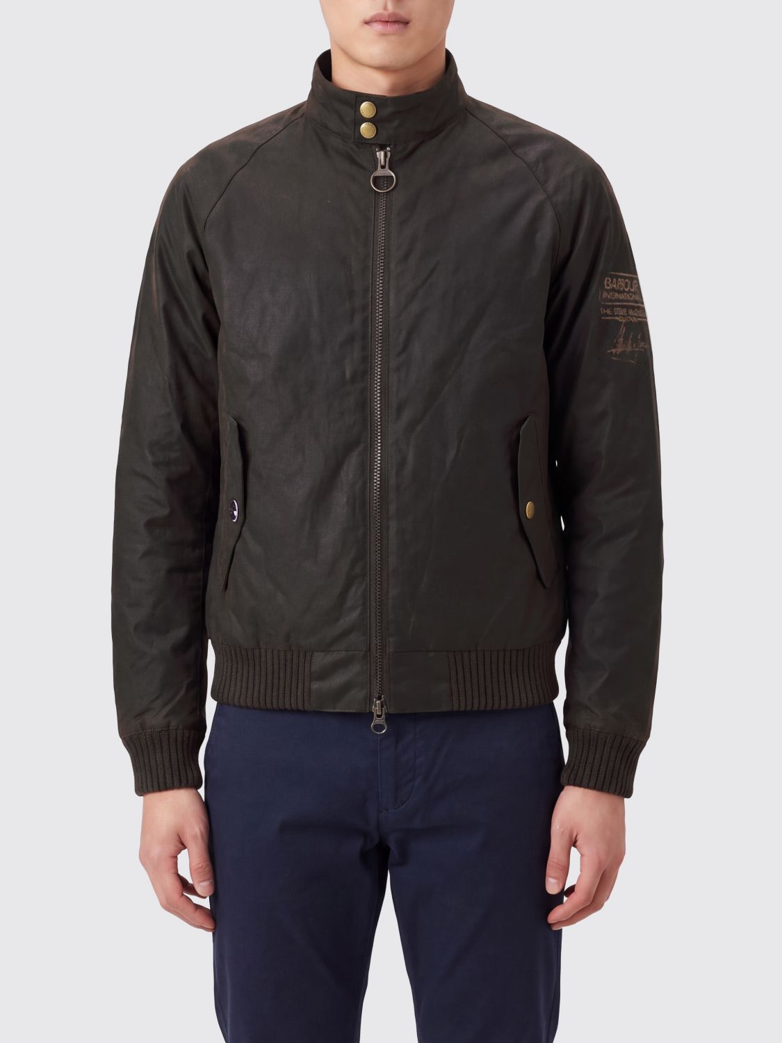 Barbour Waxed Cotton Bomber Jacket with High Neck and Elasticated Cuffs