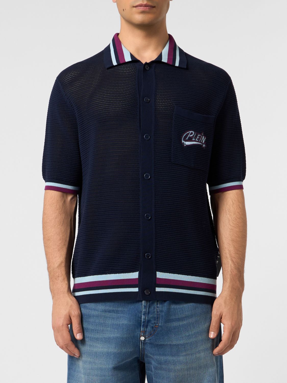 PHILIPP PLEIN Kurzärmeliges Baumwoll-Mesh-Poloshirt mit Kontraststreifen