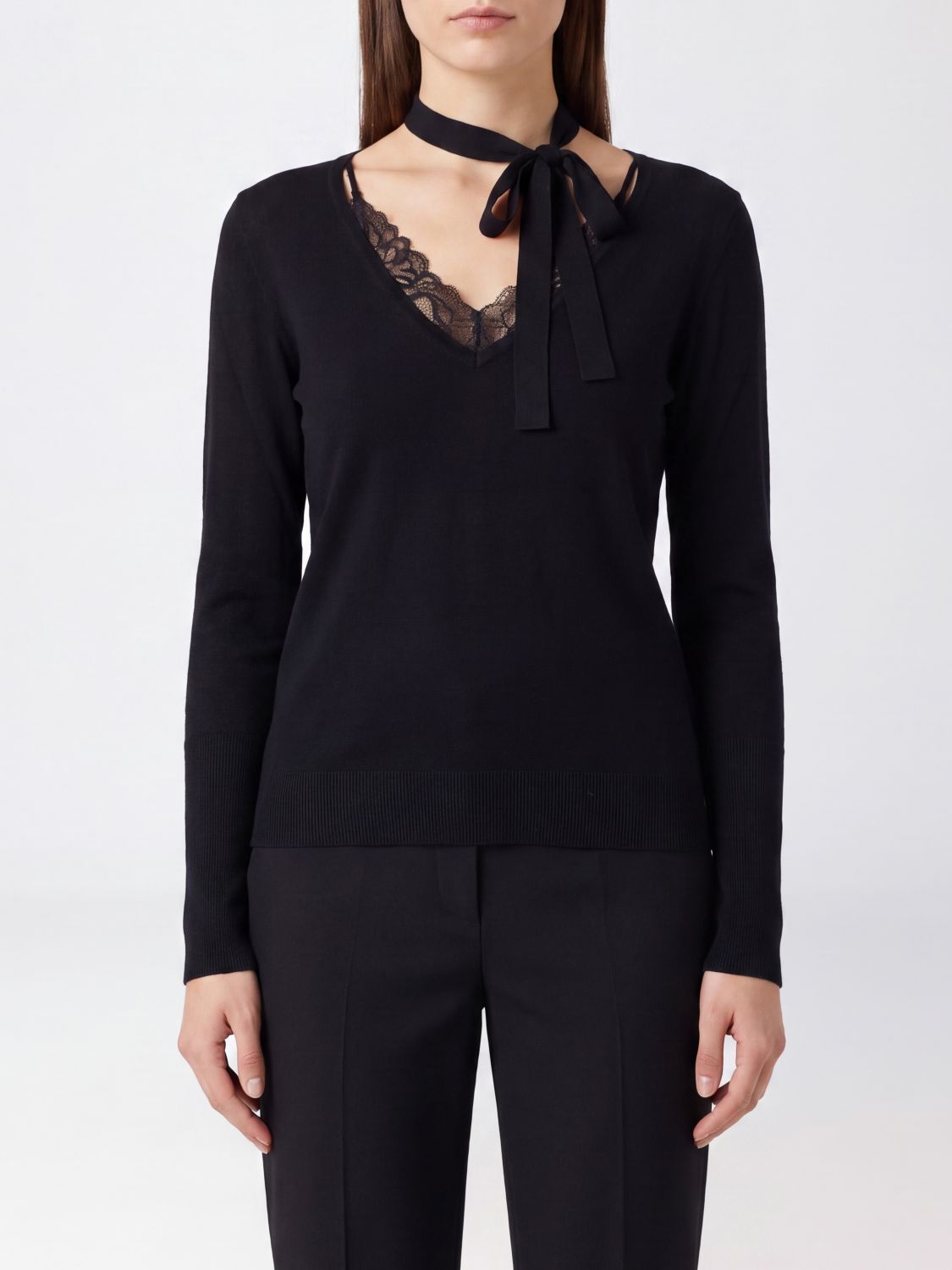 Pinko Slim Fit Wool Jumper with V-Neck and Scarf Tie