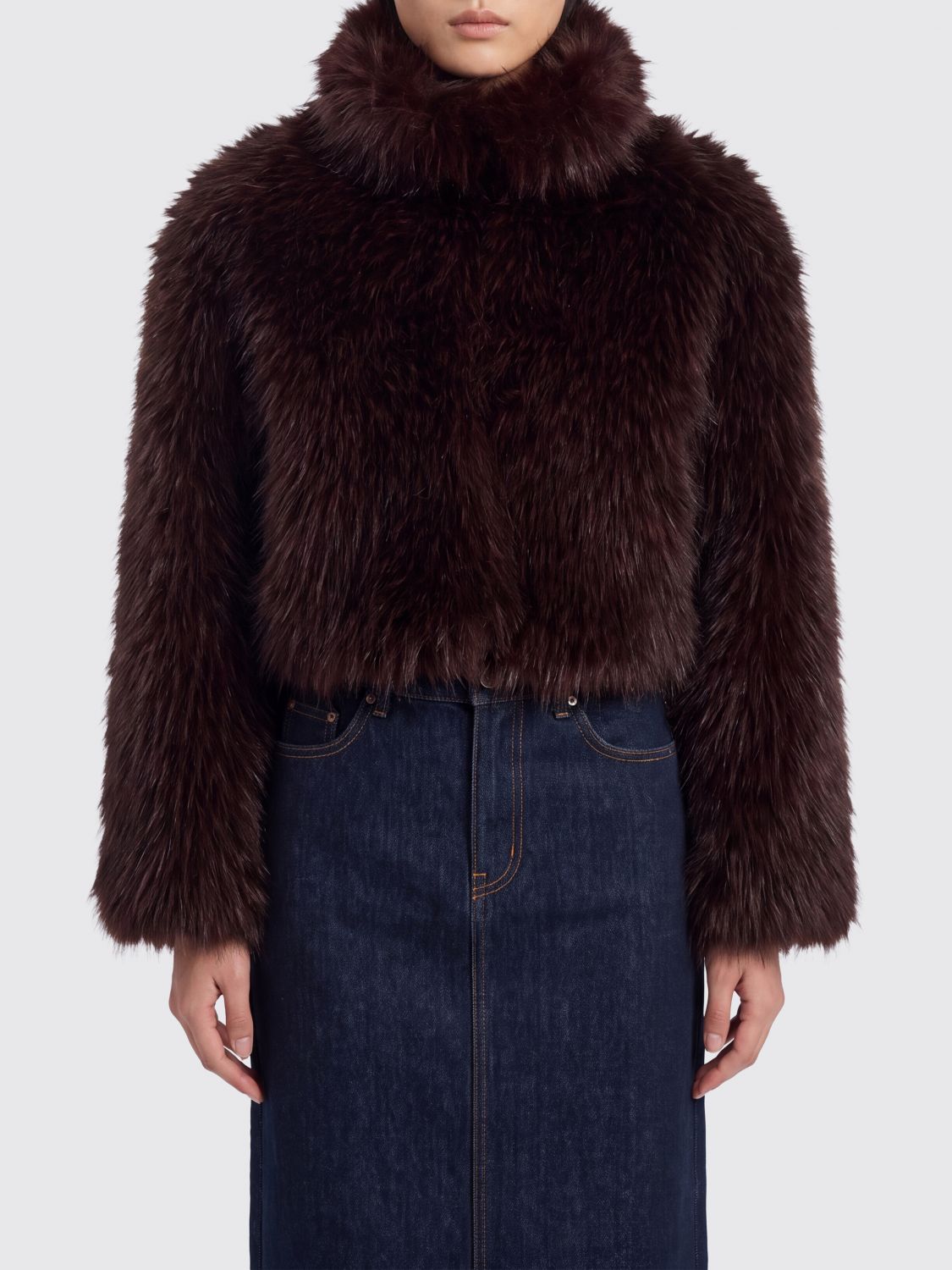 PINKO Cropped High Neck Faux Fur Jacket