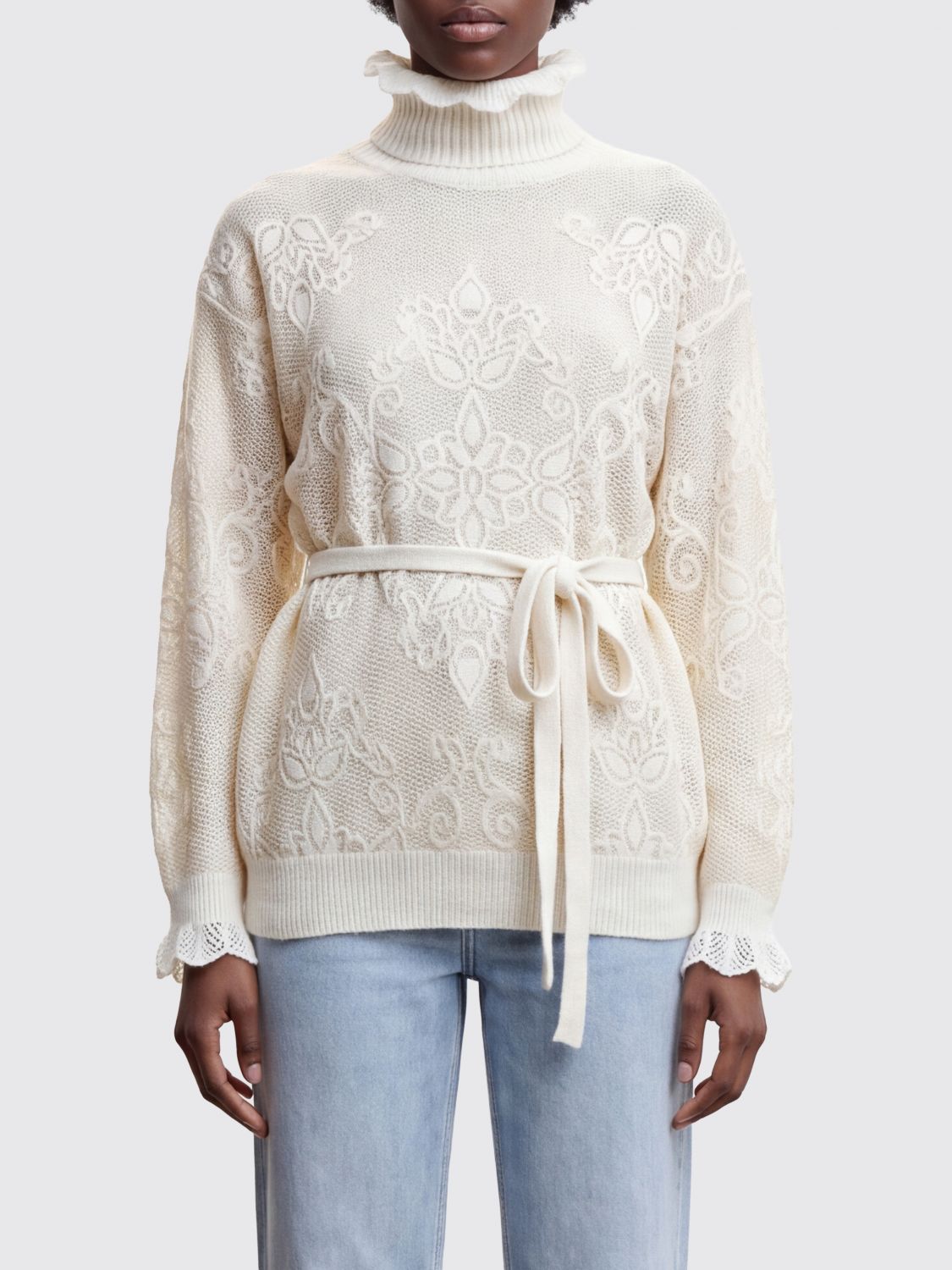 Twinset Maglia dolcevita in misto alpaca con ricami e chiusura a fiocco