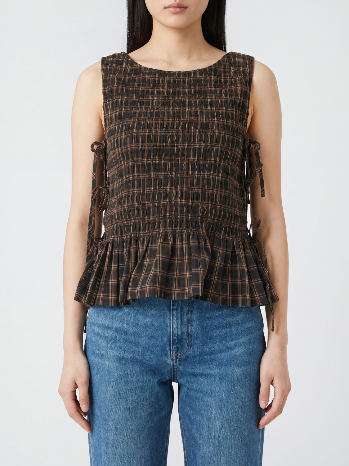 Ganni Sleeveless Tartan Print Organic Cotton Top with Tie Fastenings