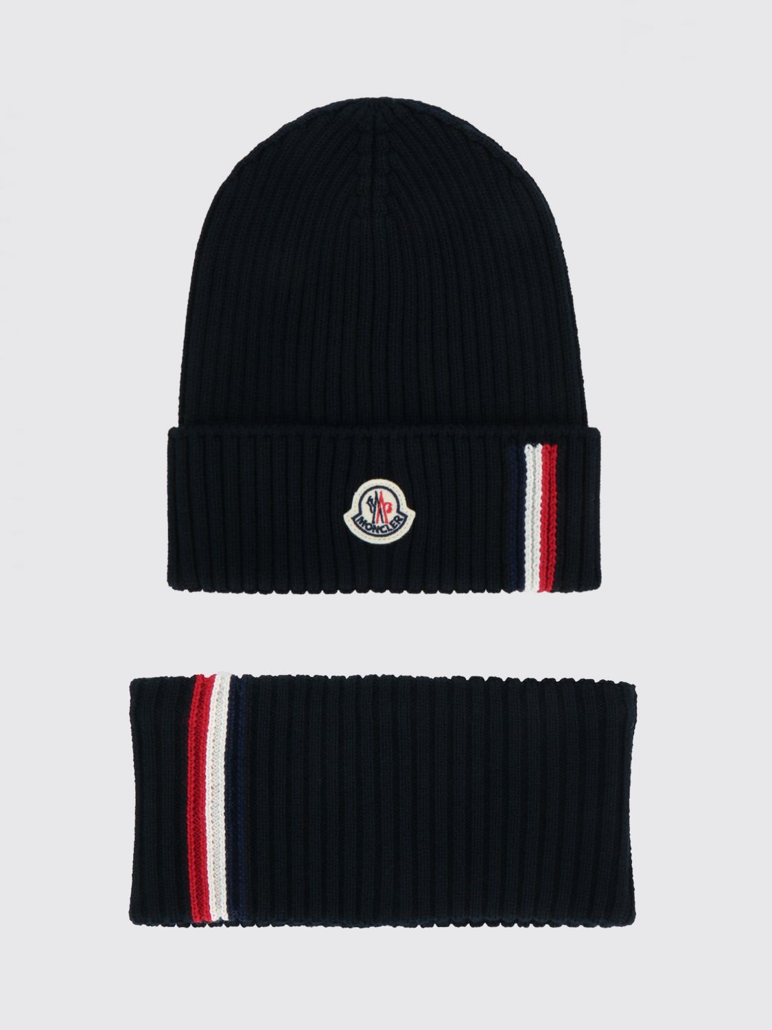 MONCLER Set aus zwei gerippten Wollmisch-Beanies für Jungen mit Logo