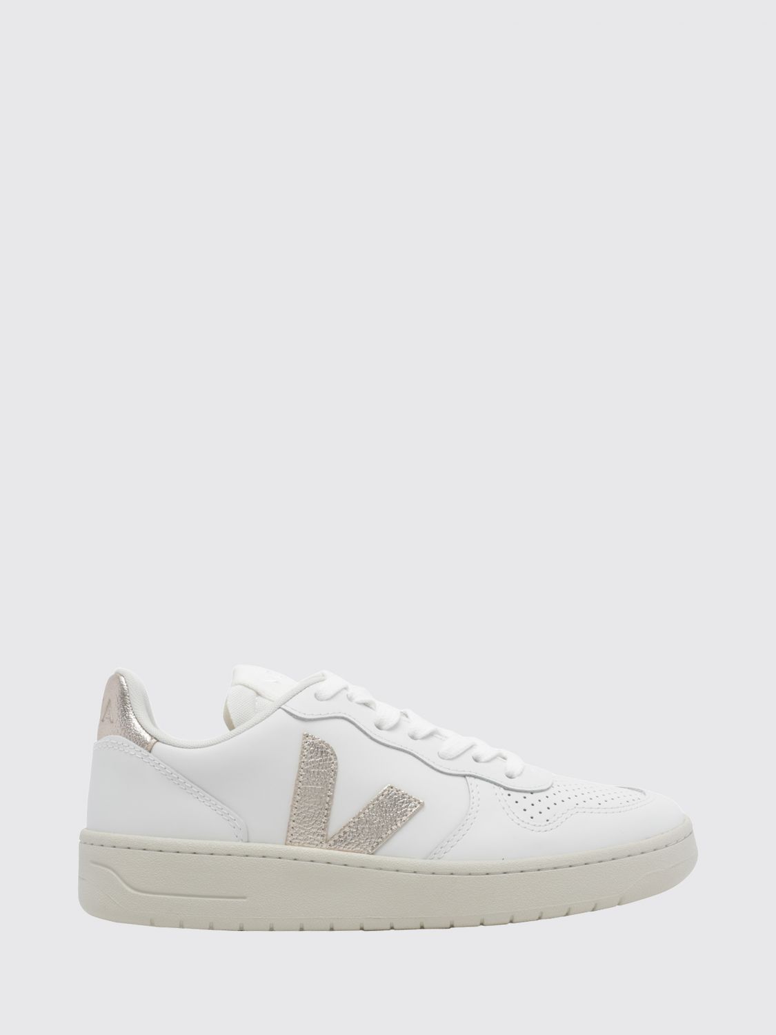 VEJA V-10 Chrome-Free Leather Sneakers with Perforated Toe and Contrast Logo