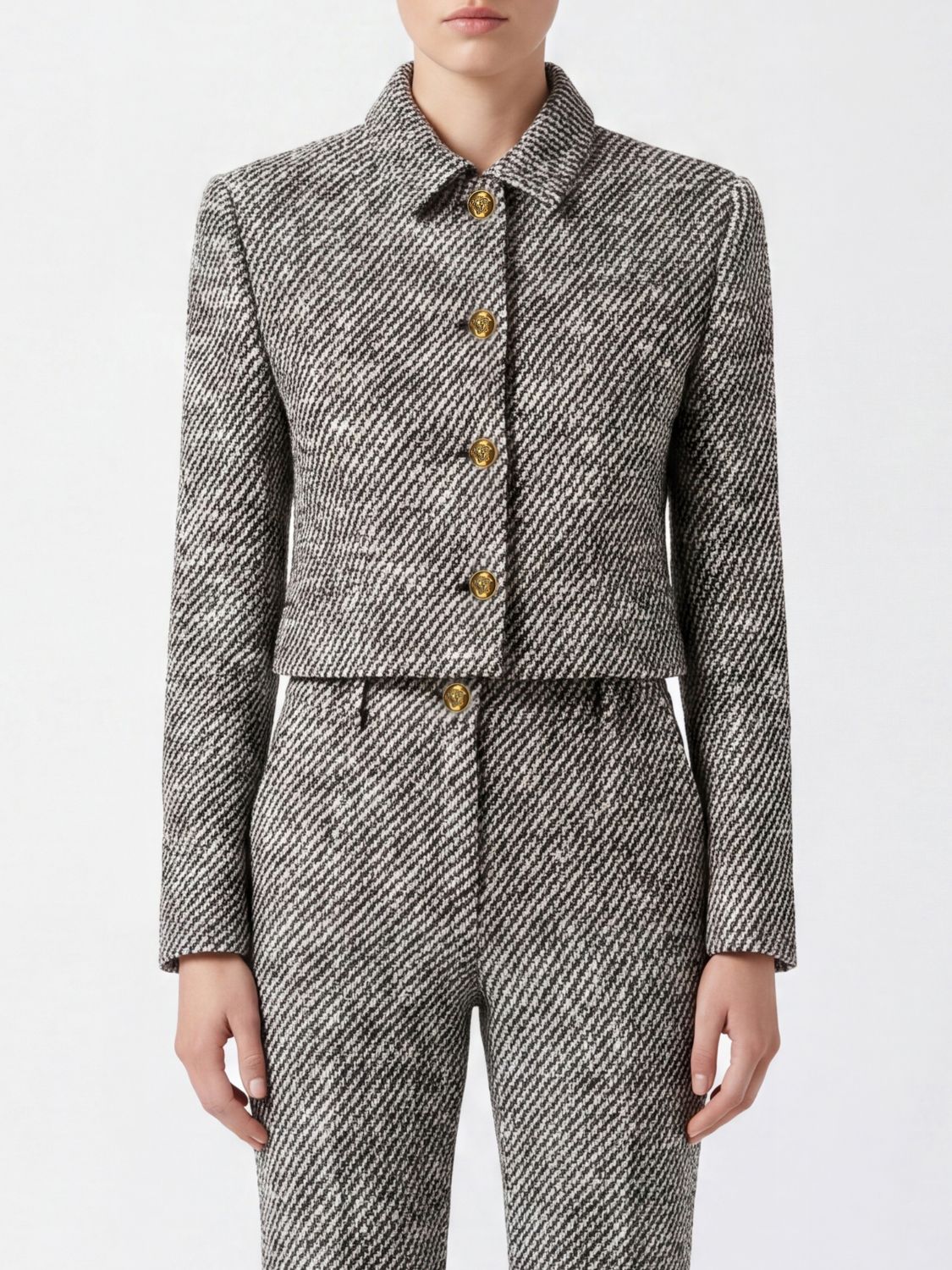 VERSACE Cropped Einreiher-Blazer aus Schurwolle mit Chevron-Muster