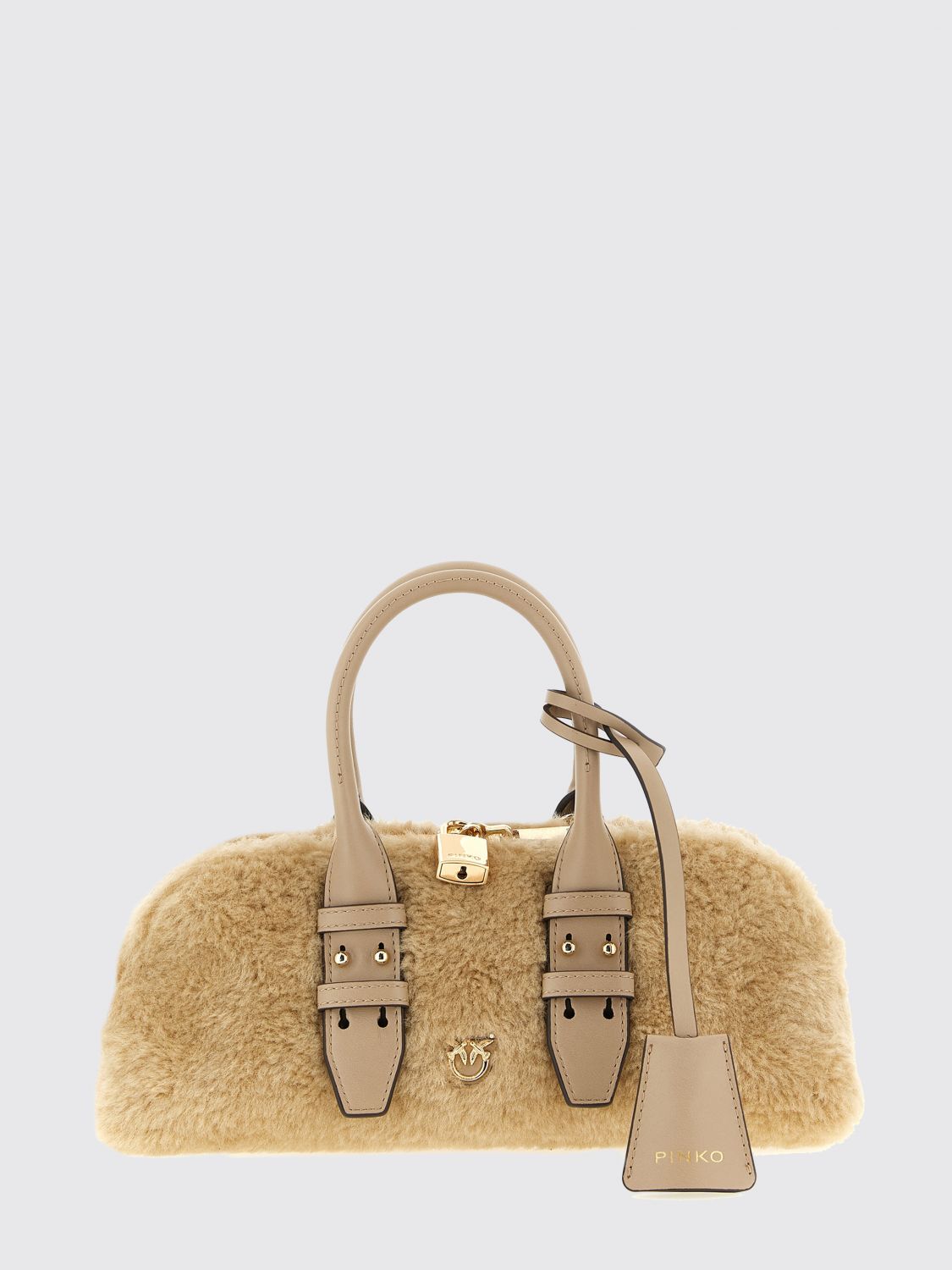 PINKO Escape Bag Shearling Handbag with Love Birds Logo and Double Handle