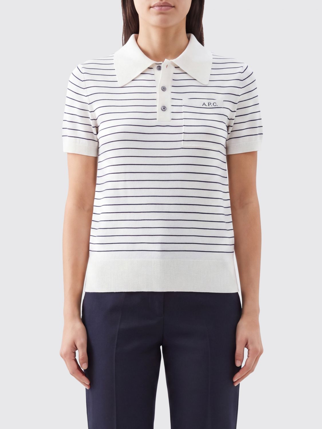 A. P.C. Striped Knit Cotton Polo Shirt with Short Sleeves and Patch Pocket